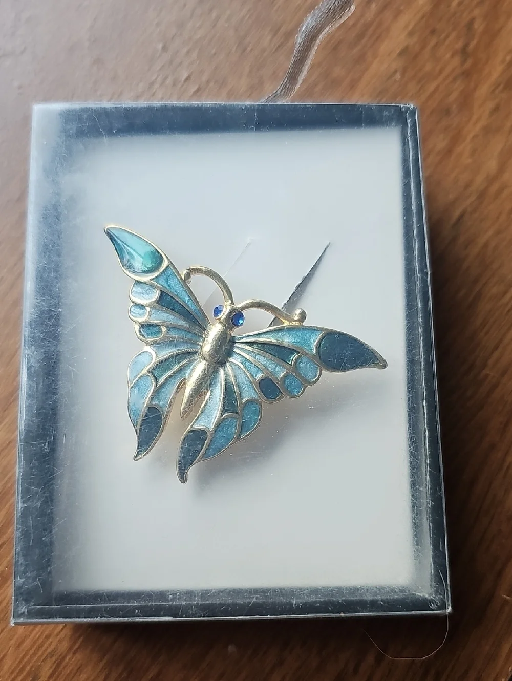 NIB Vintage Gold Tone Blue Enamel Butterfly Brooch